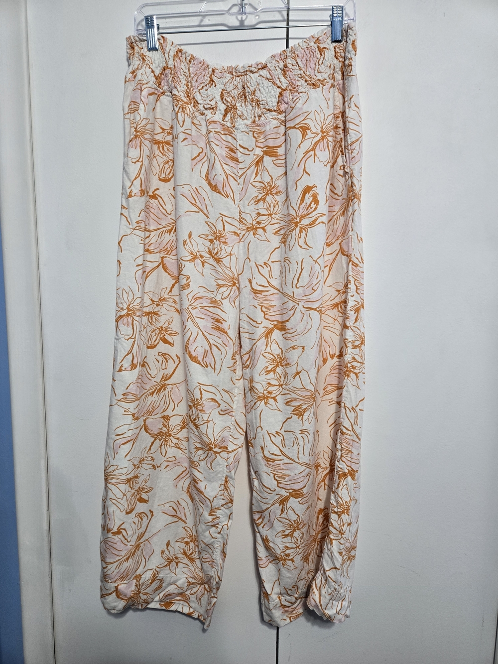 Joie Linen Blend Wide Leg Pants L Ivory Orange Floral Smocked Waist Pockets